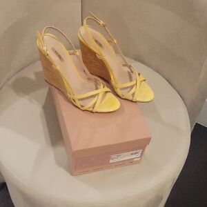 MIU MIU Yellow Wedge Sandals with wood Heel